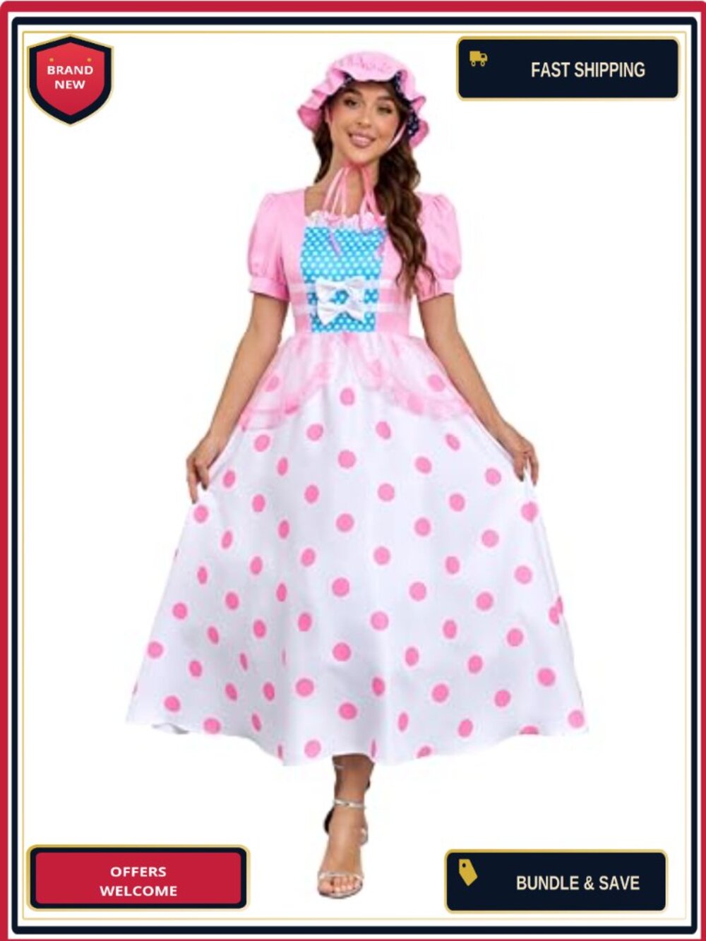 Bo Peep Costume Polka Dot Dress with Bonnet Adult Halloween Cosplay Outfit